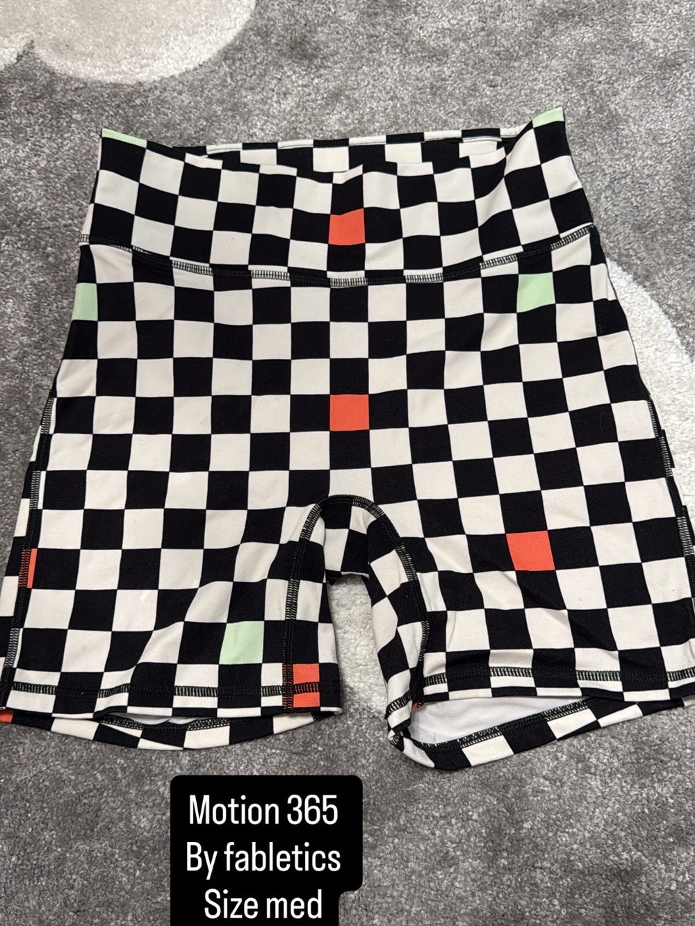 Fabletics Black and White Checkered Bike Shorts with Red & Mint Accents